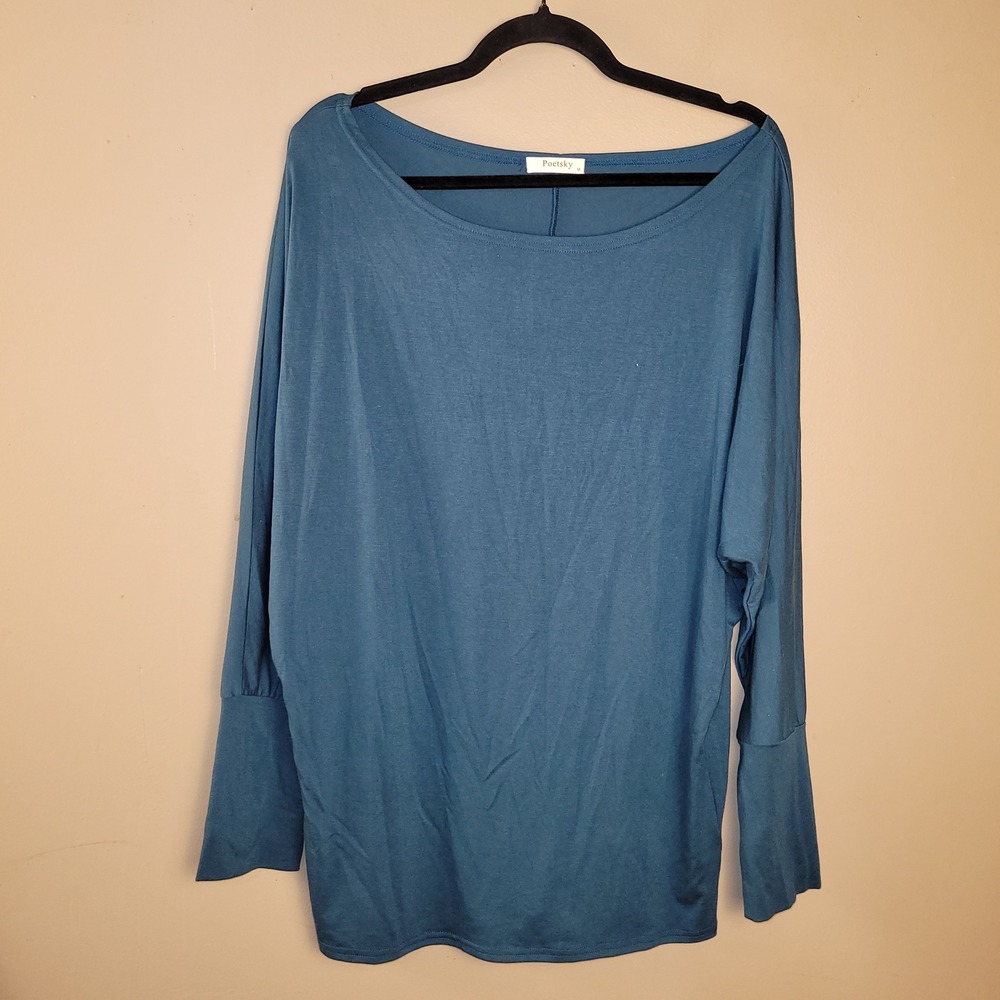 Poetsky Womens Teal Blue Boat Neck Dolman Sleeve Tunic‎ Top Size M Jersey Knit